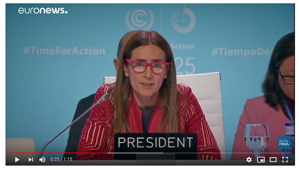 La presidenta de la COP25 la ministra chilena Carolina Schmidt este domingo Foto Captura de Pantalla vía EuroNews