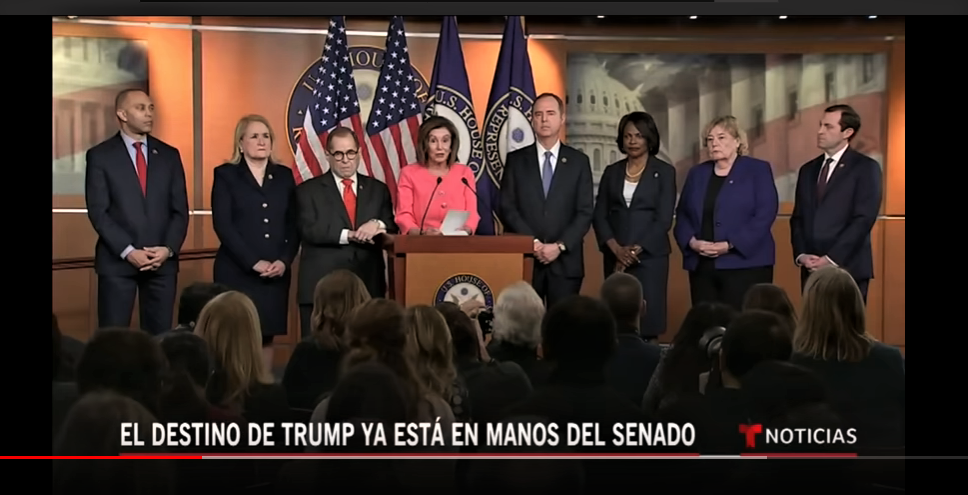La líder de la Cámara de Representantes Senadora Nancy Pelosi presentó quienes serán los managers del juicio político a Trump Foto Captura de Pantalla vía Telemundo