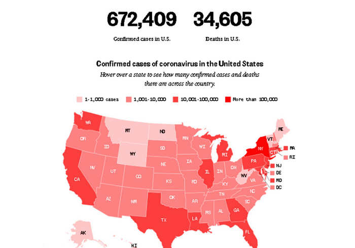 Mapa interactivo estadístico con datos del Covid 19 en EEUU / Infografía: NBC News