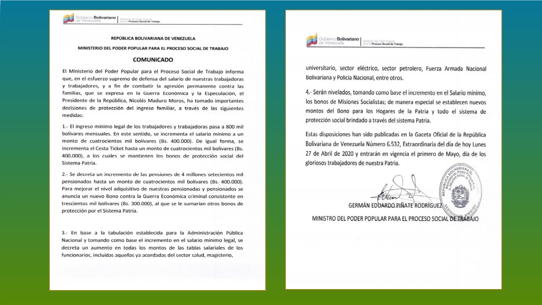 Salario mínimo integral será de Bs.800.000 desde el 1May