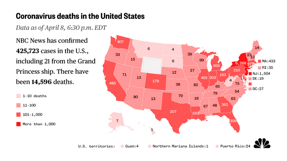 Superan los 432.000 ciudadanos contagiados y registran más de 14.800 fallecidos por Covid 19 en EEUU Infografia: NBC News Health